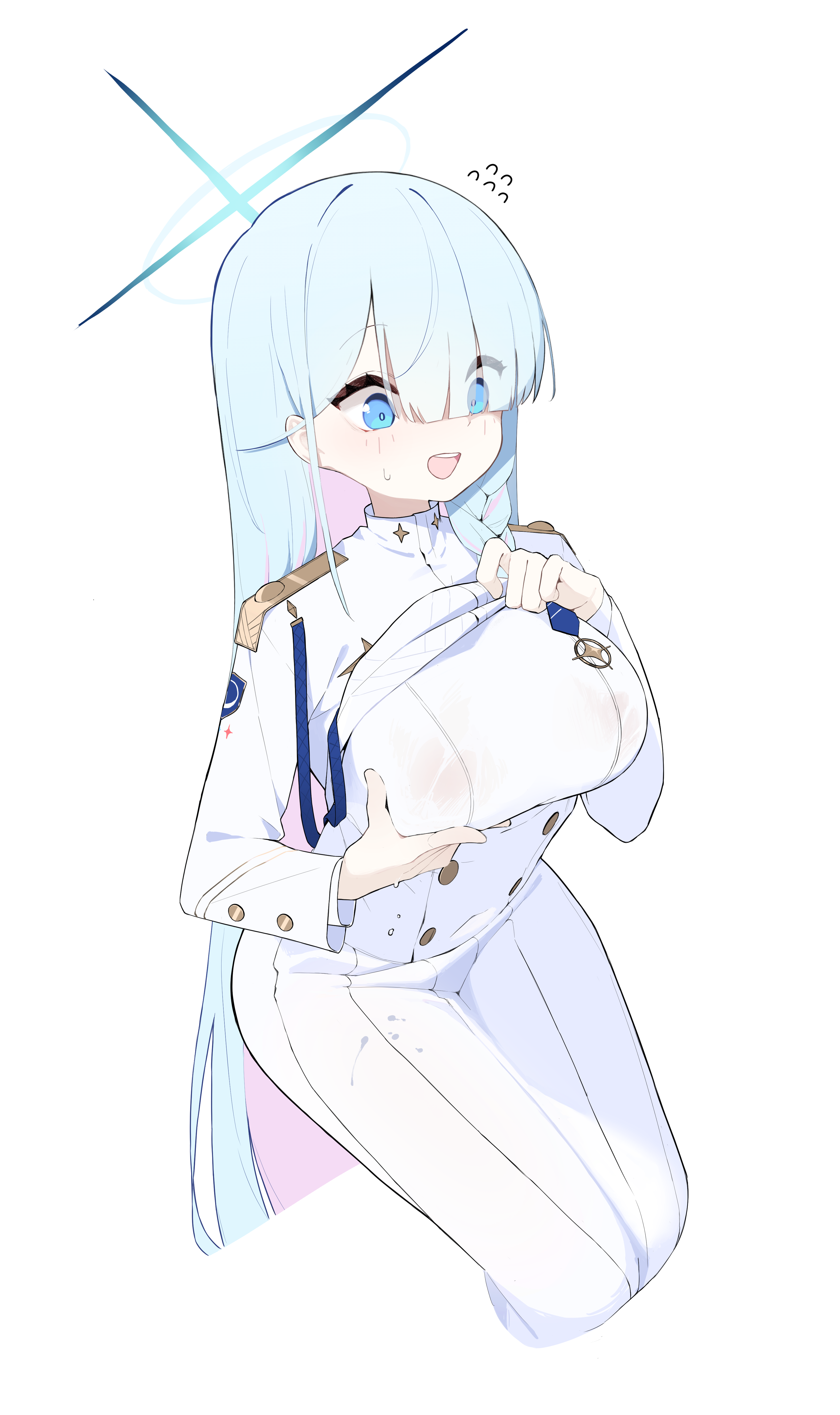 mona kkkk, general student council president (blue archive), blue archive, absurdres, commentary request, highres, korean commentary, 1girl, blue hair, blue halo, blush, breasts, colored inner hair, covered erect nipples, covered navel, eyes visible through hair, flying sweatdrops, grabbing own breast, hair over one eye, halo, large breasts, long hair, multicolored hair, open mouth, pink hair, simple background, skirt, solo, sweat, teeth, two-tone hair, upper teeth only, very long hair, white background, white skirt