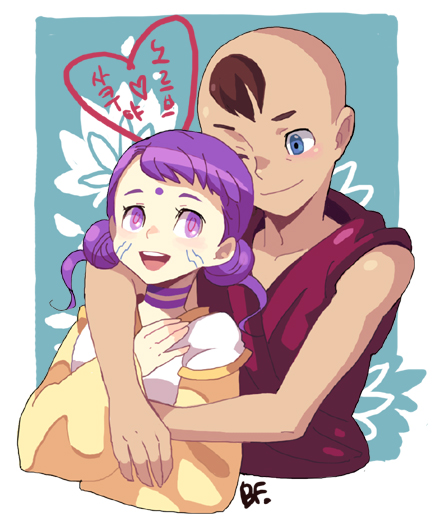 bf. (sogogiching), norbu, sakuya (eureka seven), eureka seven, eureka seven (series), 00s, 1boy, 1girl, ;), bare shoulders, blue eyes, blush, brown hair, choker, hand on own chest, heart, hetero, hug, hug from behind, korean text, one eye closed, purple eyes, purple hair, short hair, smile, sweater vest, upper body