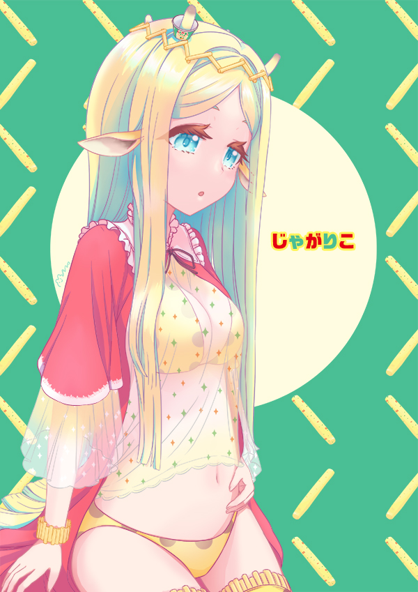 mizuki maya, jagariko, original, commentary request, 1girl, animal ears, bikini, blonde hair, blue eyes, breasts, cleavage, dress, giraffe ears, giraffe girl, giraffe horns, horns, long hair, long sleeves, medium breasts, open clothes, open dress, personification, red dress, solo, swimsuit, thighhighs, very long hair, yellow bikini, yellow thighhighs