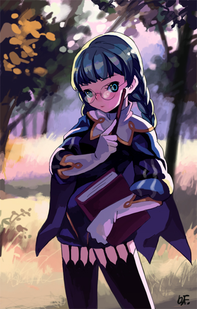 bf. (sogogiching), book, braid, cape, glasses, solo, thighhighs, twin braids