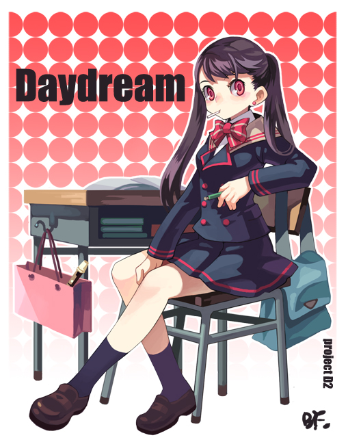 bf. (sogogiching), cigarette, earrings, jewelry, school uniform, serafuku, sitting, socks, solo, twintails