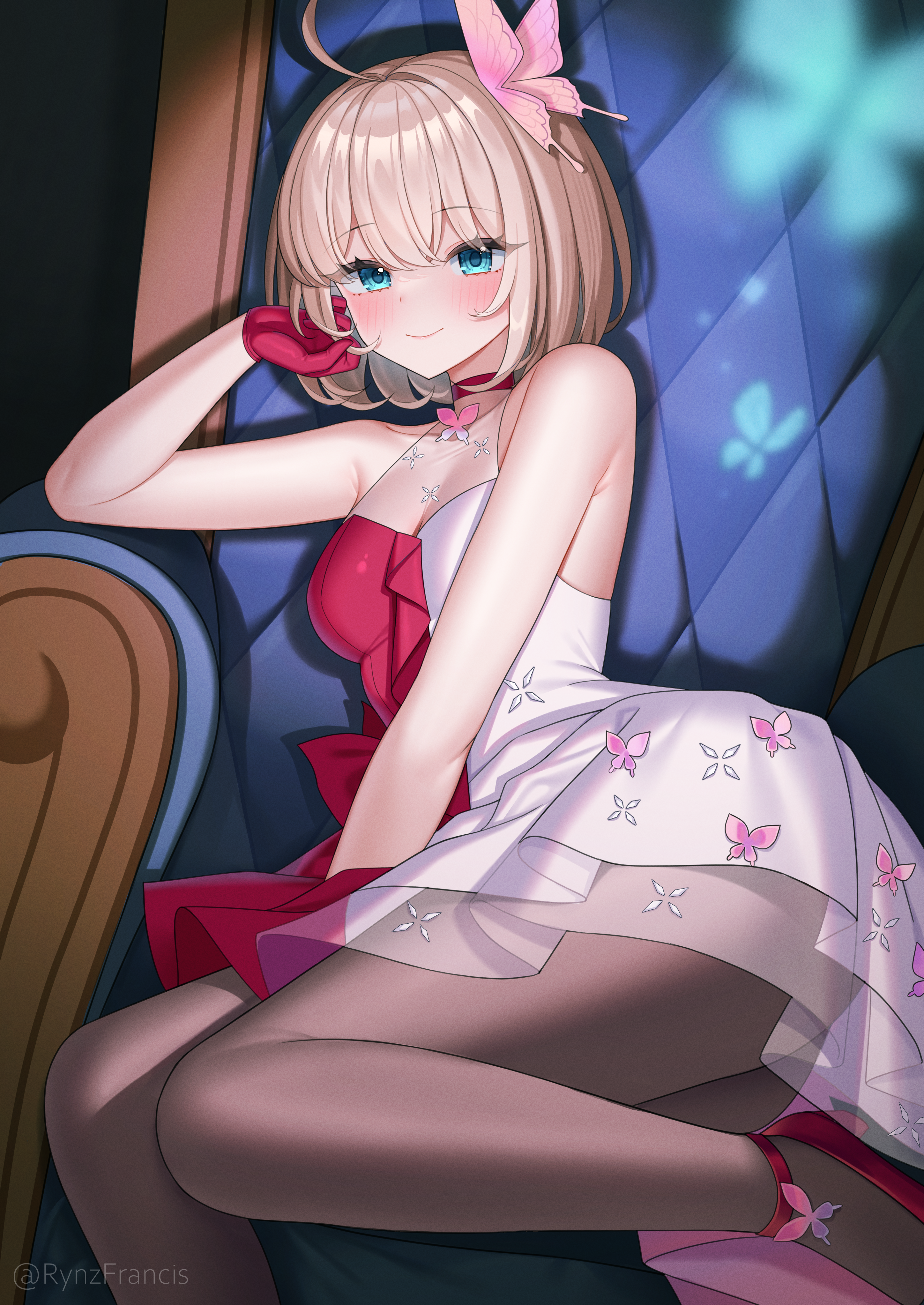 rynzfrancis, c-93 (fluttering butterfly) (girls' frontline), c-93 (girls' frontline), girls' frontline, absurdres, highres, 1girl, aqua eyes, armpits, artist name, bare shoulders, blonde hair, breasts, butterfly hair ornament, chair, closed mouth, dress, gloves, hair ornament, medium breasts, medium hair, multicolored dress, official alternate costume, on chair, pantyhose, red dress, red gloves, red shoes, shoes, sitting, solo, white dress