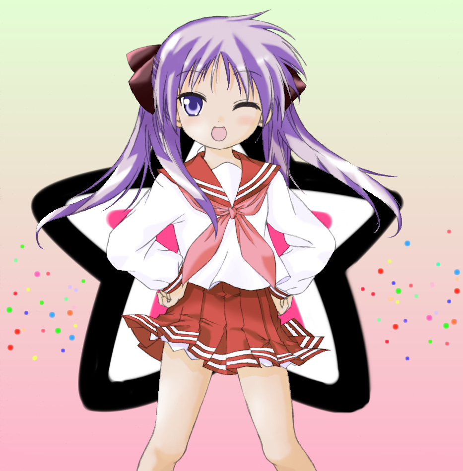 aoi (artist), yorimichi (aoixx), hiiragi kagami, lucky star, 00s, 1girl, female focus, one eye closed, school uniform, serafuku, solo, wink