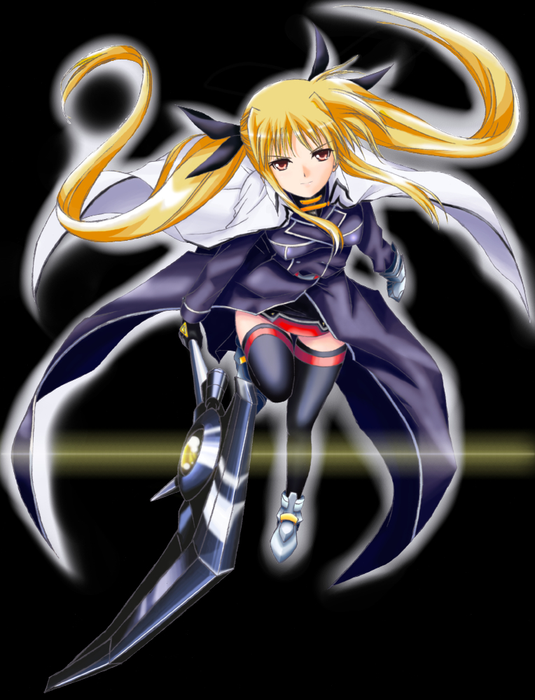 aoi (artist), yorimichi (aoixx), bardiche (assault form) (nanoha), bardiche (nanoha), fate testarossa, fate testarossa (impulse form), lyrical nanoha, mahou shoujo lyrical nanoha, mahou shoujo lyrical nanoha strikers, 00s, 1girl, black thighhighs, blonde hair, female focus, hair ribbon, leg lift, long hair, pink eyes, ribbon, smile, solo, thighhighs, twintails, weapon, zettai ryouiki