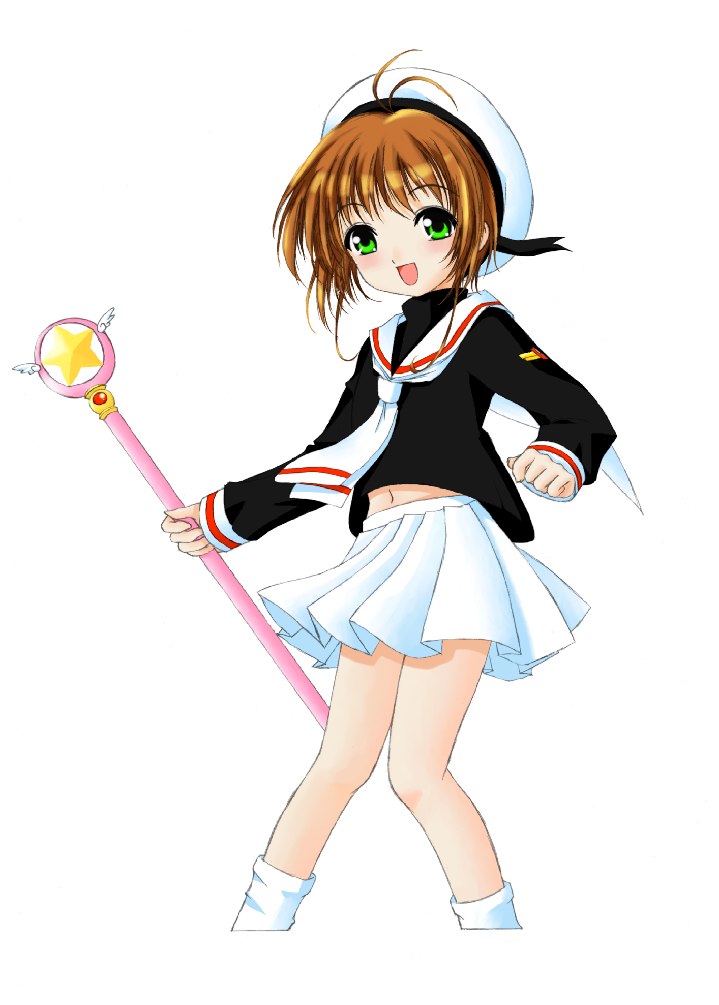 aoi (artist), yorimichi (aoixx), kinomoto sakura, cardcaptor sakura, highres, 1990s (style), 1girl, antenna hair, beret, brown hair, child, female focus, green eyes, hat, hoshi no tsue, magical girl, midriff, open mouth, retro artstyle, sailor hat, school uniform, serafuku, short hair, solo, staff, tomoeda middle school uniform, white hat
