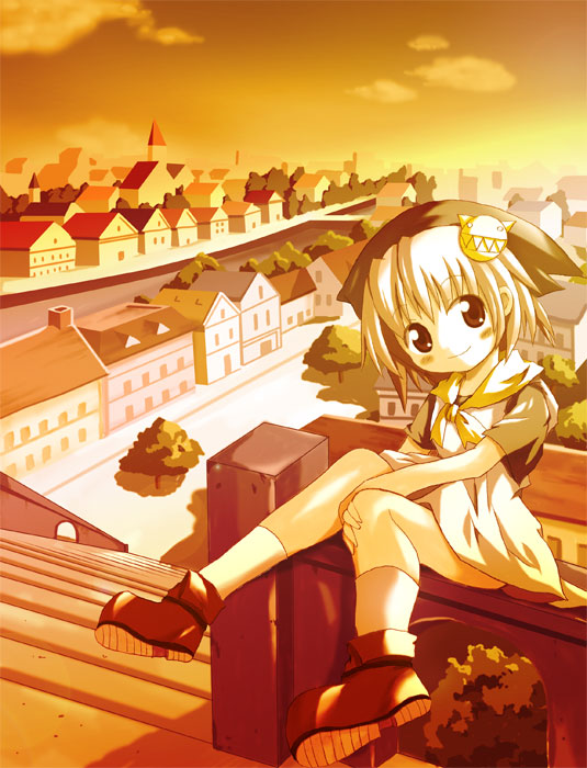 tsukamoto tsukasa, 1girl, child, city, female focus, short hair, solo, sunset