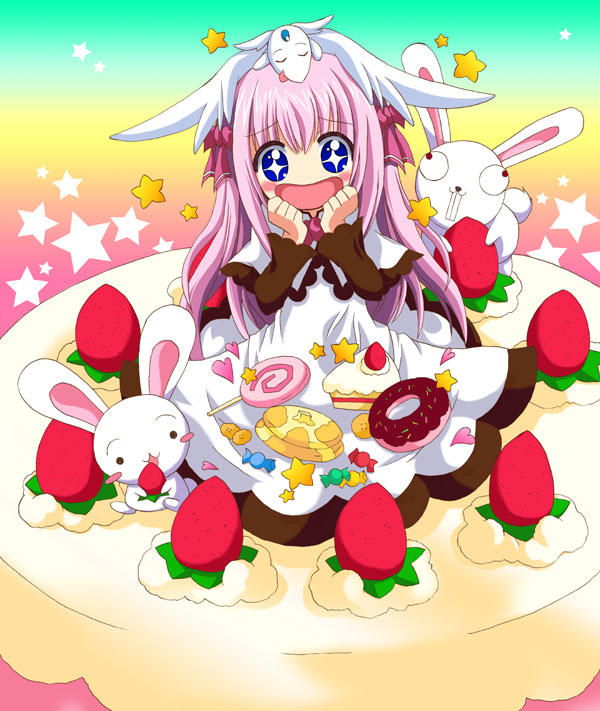 tsukamoto tsukasa, + +, 1girl, blush stickers, cake, candy, donut, dress, food, fruit, in food, lollipop, long hair, oversized object, pancake, pastry, pink hair, rabbit, rainbow background, skirt basket, star (symbol), strawberry, strawberry shortcake, swirl lollipop
