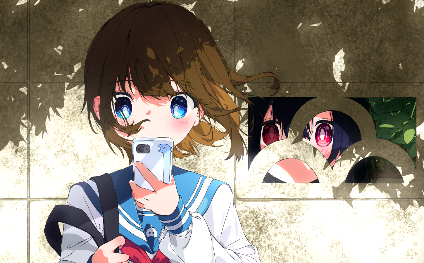 original, 2girls, black hair, blue eyes, blue sailor collar, brown hair, cellphone, day, holding, holding phone, holding strap, kannpoyu, long sleeves, multiple girls, neckerchief, outdoors, peeking, phone, red eyes, red neckerchief, sailor collar, school uniform, serafuku, shirt, smartphone, white shirt