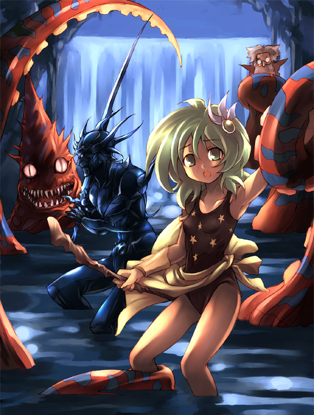 kouno hikaru, cecil harvey, dark knight (final fantasy), octomammoth, rydia (ff4), rydia (young) (ff4), tellah, final fantasy, final fantasy iv, 1990s (style), 1girl, 2boys, aged down, child, dark knight, green hair, multiple boys, octopus, retro artstyle, tentacles, water, waterfall