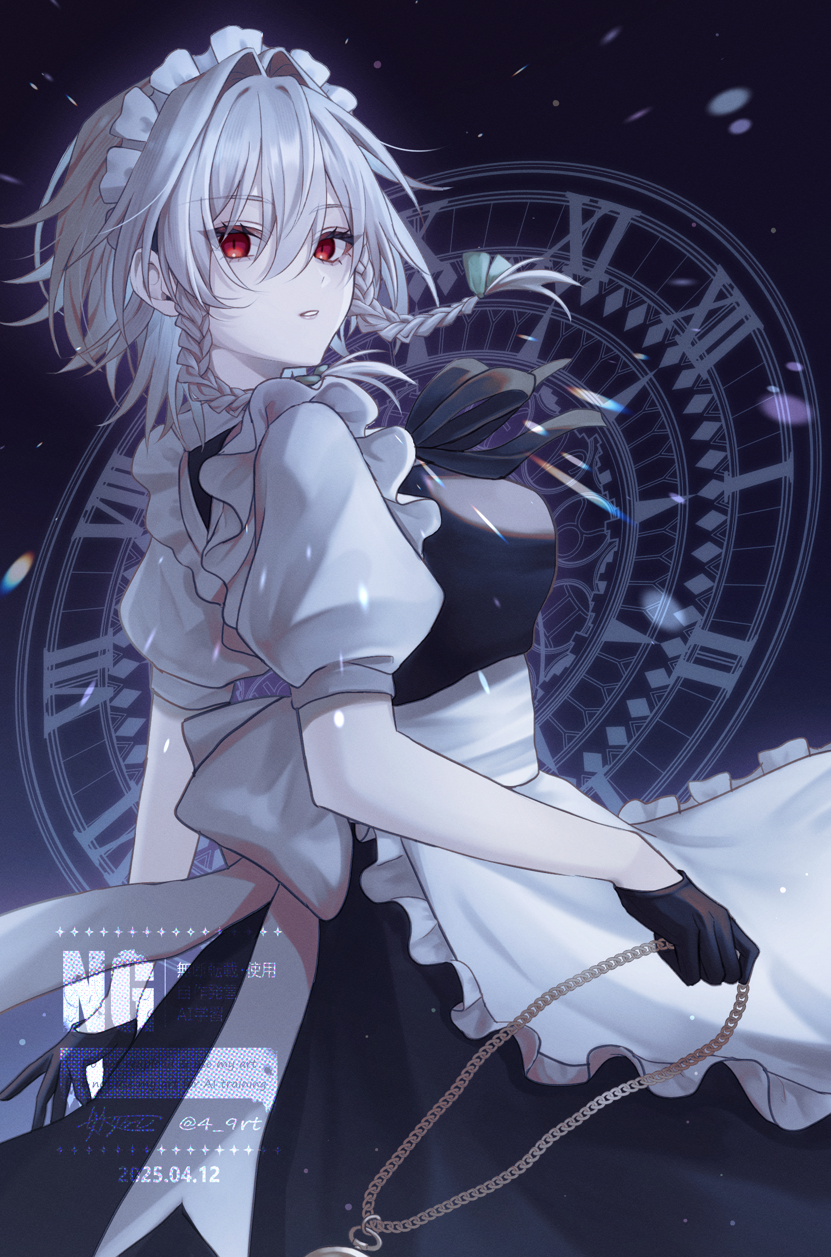 yougu ruto, izayoi sakuya, touhou, absurdres, commentary, highres, 1girl, black gloves, black ribbon, braid, dated, floating hair, gloves, hair between eyes, hair intakes, holding, looking at viewer, looking back, maid headdress, parted lips, puffy short sleeves, puffy sleeves, red eyes, ribbon, roman numeral, short sleeves, solo, twin braids, watermark, white hair