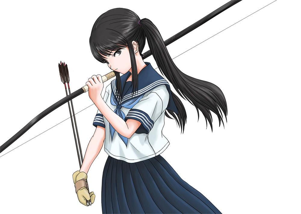 1girl, black hair, bow (weapon), female focus, school uniform, serafuku, simple background, solo, twintails, weapon, white background