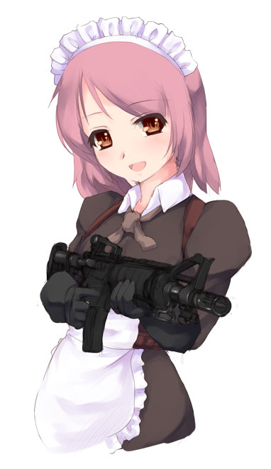 nekohige, 1girl, assault rifle, combat maid, female focus, gun, maid, pink hair, rifle, simple background, solo, weapon, white background