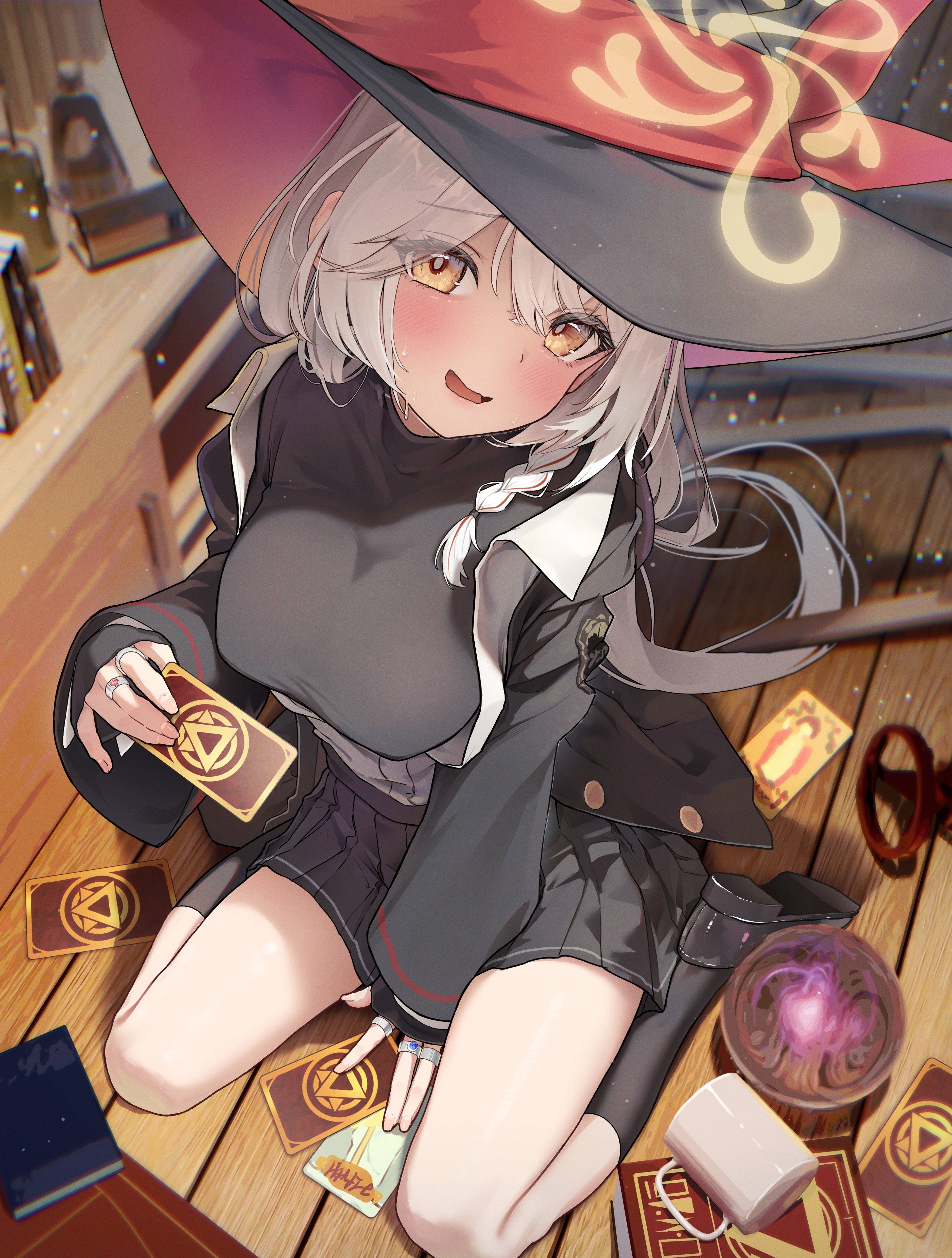 chiu538, eri (blue archive), blue archive, absurdres, hashtag-only commentary, highres, 1girl, :d, between legs, black hat, black jacket, black shirt, black shoes, black skirt, black socks, blush, braid, breasts, bright pupils, card, crossed bangs, cup, eyelashes, eyes visible through hair, from above, furrowed brow, grey hair, hair between eyes, halo, hand between legs, hand up, hat, holding, holding card, indoors, jacket, jewelry, kneehighs, large breasts, loafers, long hair, long sleeves, looking at viewer, looking down, miniskirt, mug, multiple rings, nervous smile, on floor, open clothes, open jacket, open mouth, pleated skirt, ring, school uniform, shirt, shoe soles, shoes, single braid, sitting, skirt, sleeves past wrists, smile, socks, solo, sweatdrop, thighs, turtleneck, turtleneck shirt, wariza, white pupils, wide sleeves, witch, witch hat, wooden floor, yellow eyes, yellow halo