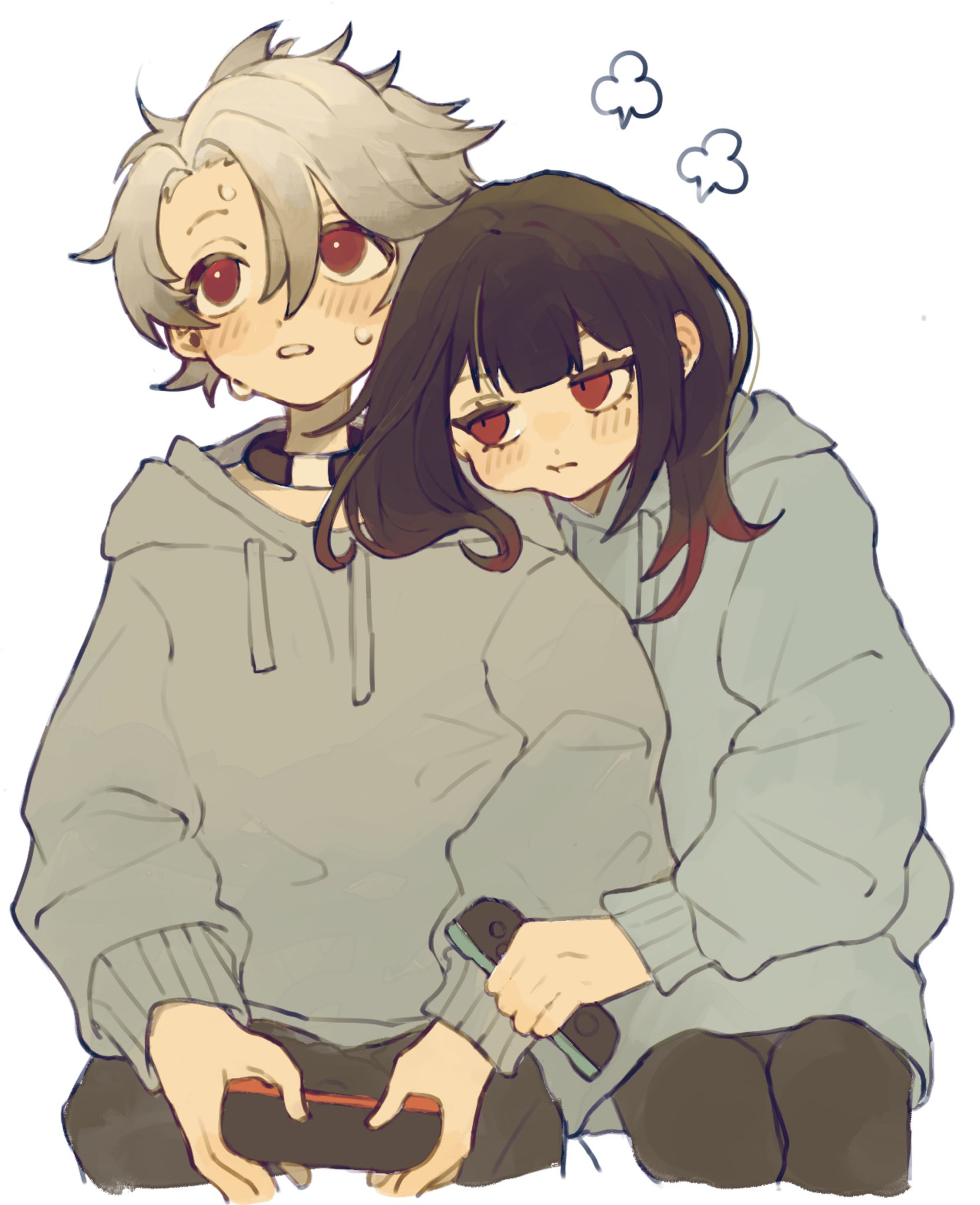chamopichamo, rudo surebrec, gachiakuta, highres, 1boy, 1girl, amo empool, black choker, black hair, black pants, choker, colored tips, grey hair, grey hoodie, head on another's shoulder, hood, hoodie, joy-con, long hair, multicolored hair, pants, parted bangs, red eyes, red hair, simple background, sitting, white background