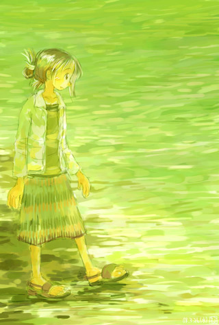 lowres, 1girl, female focus, green theme, nature, sandals, solo, wading, water