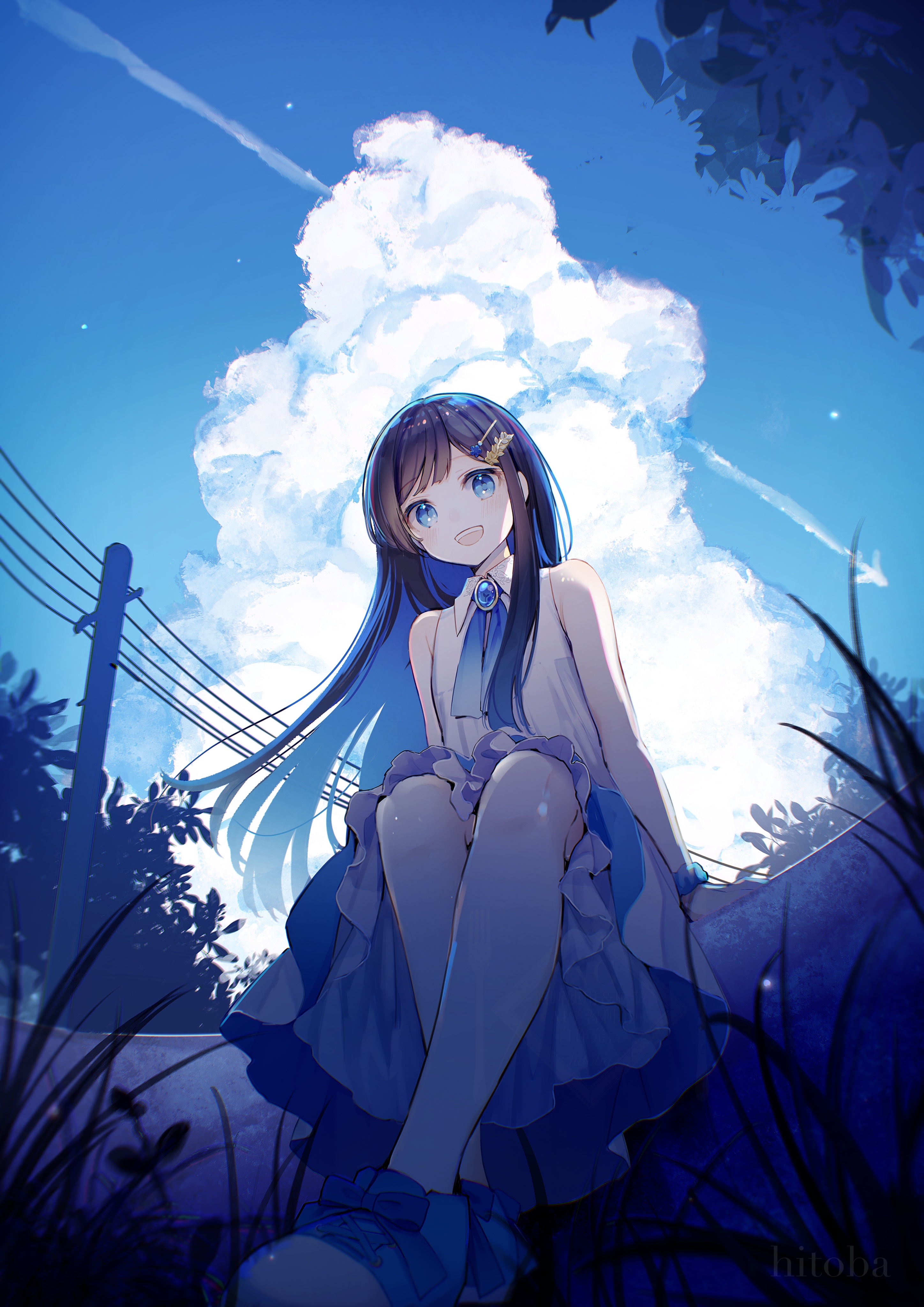 hitoba, futaba minato, cevio, absurdres, highres, 1girl, :d, black hair, blue bow, blue hair, blue ribbon, blue shoes, blue sky, bow, cloud, collared dress, colored inner hair, contrail, cumulonimbus cloud, day, dress, footwear bow, frilled dress, frills, full body, hair ornament, hairclip, hairpin, long hair, looking at viewer, medium dress, multicolored hair, neck ribbon, open mouth, outdoors, power lines, ribbon, sample watermark, shoes, sitting, sky, sleeveless, sleeveless dress, smile, sneakers, solo, teeth, upper teeth only, watermark, white dress