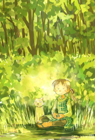 lowres, 1girl, cat, female focus, forest, indian style, nature, ponytail, sitting, solo