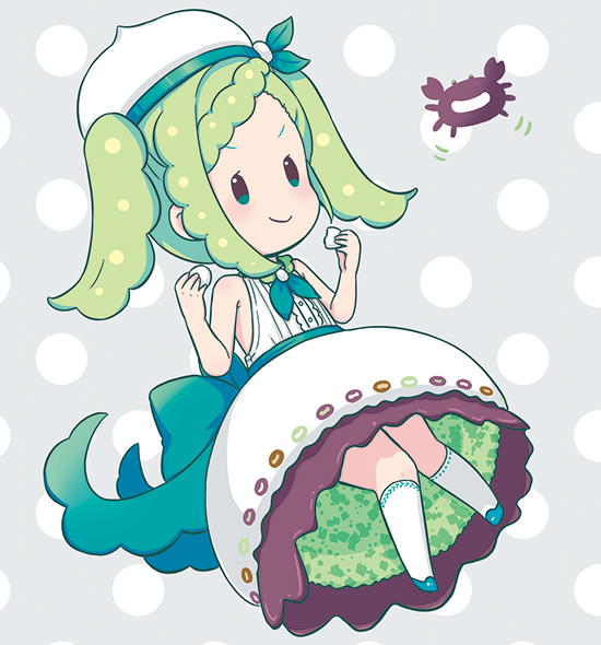 mizuki maya, original, commentary request, 1girl, blue shoes, braid, braided bangs, closed mouth, crab, daifuku, dress, food, green eyes, green hair, grey background, holding, holding food, kneehighs, personification, polka dot, polka dot background, shoes, sideless dress, sidelocks, sleeveless, sleeveless dress, smile, socks, solo, twintails, v-shaped eyebrows, white dress, white socks, zunda mochi