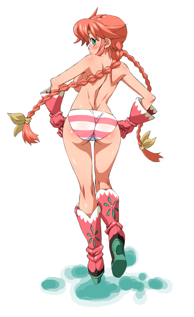kekke, rebecca streisand, wild arms, wild arms 5, 1girl, ass, back, blush, boots, braid, breasts, female focus, full body, gloves, green eyes, hair ribbon, high heels, knee boots, kneepits, long hair, looking back, medium breasts, orange hair, panties, pink boots, pink gloves, ribbon, shoes, solo, standing, striped clothes, striped panties, topless female, twin braids, underwear, very long hair, white background