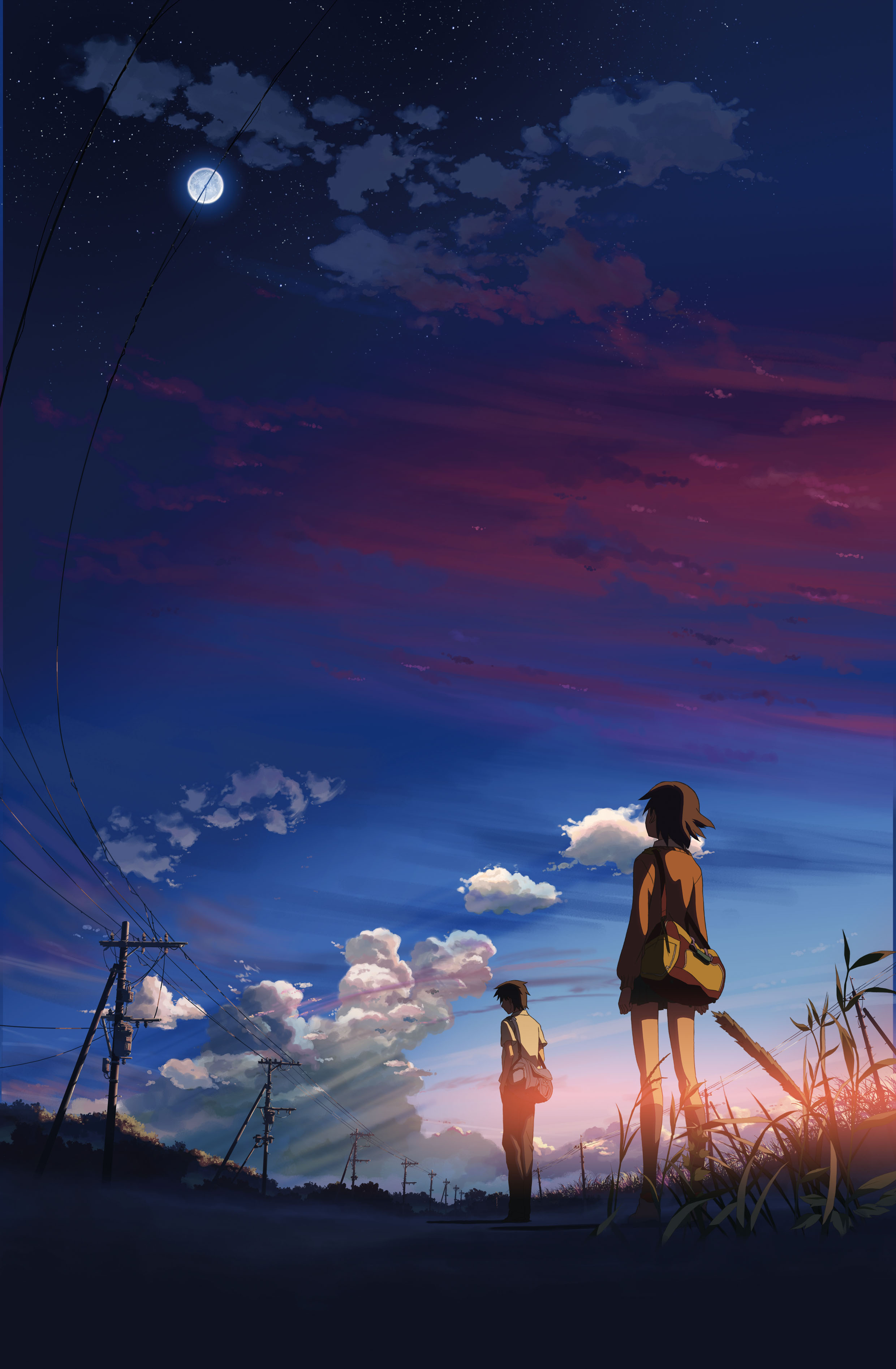shinkai makoto, sumita kanae, toono takaki, byousoku 5 centimeter, absurdres, highres, 1boy, 1girl, bag, casual, cloud, moon, power lines, scenery, sky, standing