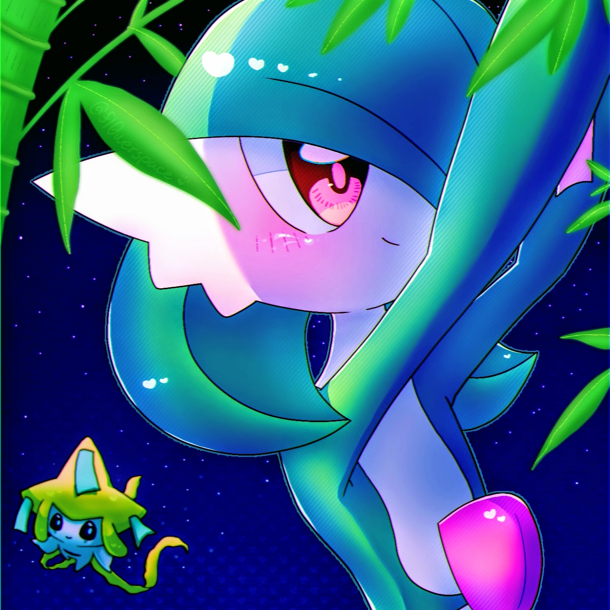 yuri (fl0werspace), gardevoir, jirachi, nintendo, pokemon, 1girl, 1other, arms up, artist name, bamboo, blue background, blue sky, blush, bob cut, chromatic aberration, closed mouth, colored skin, female focus, flat chest, gen 3 pokemon, green hair, green outline, green skin, hair over one eye, happy, heart, legendary pokemon, multicolored skin, mythical pokemon, night, one eye covered, outdoors, outline, pokemon (creature), red eyes, short hair, signature, sky, smile, solo focus, star (sky), twitter username, two-tone skin, white skin