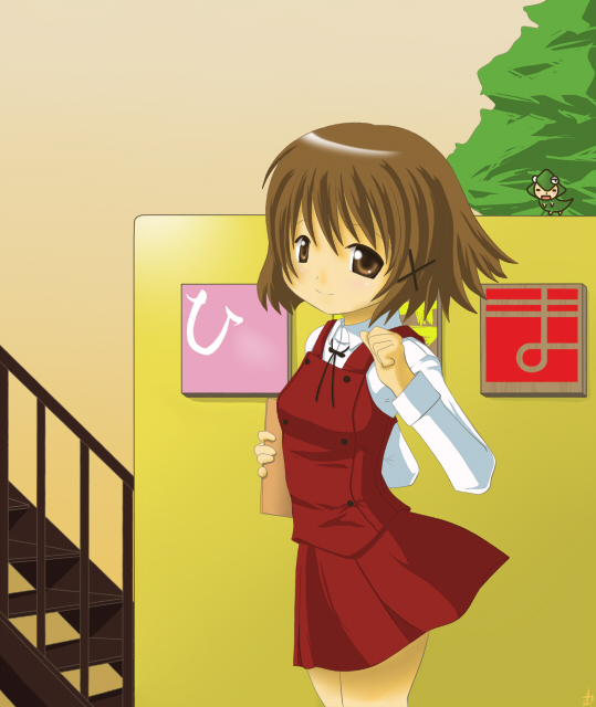 kimura kaere (artist), yuno (hidamari sketch), hidamari sketch, bad id, bad pixiv id, 00s, 1girl, book, brown eyes, brown hair, cowboy shot, female focus, looking at viewer, outdoors, school uniform, short hair, smile, solo, stairs, wind, yamabuki high school uniform