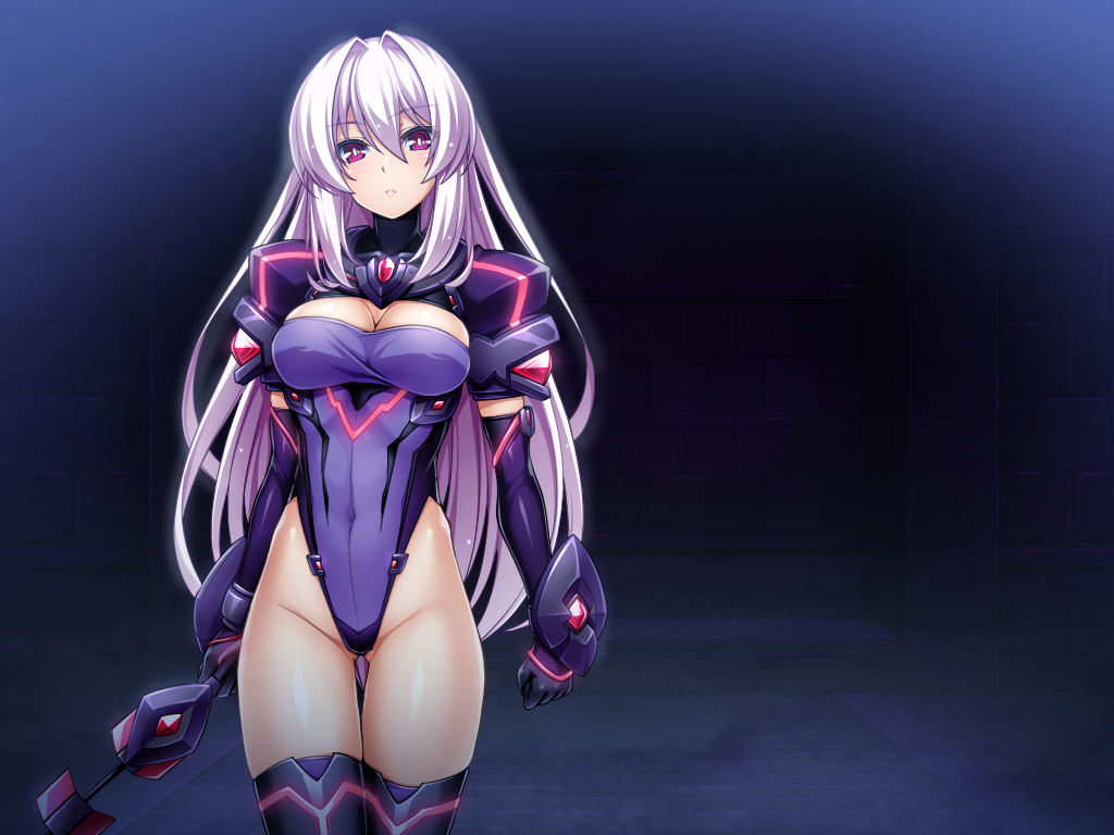 inoino, katsuragi marina, kouyoku senki exs-tia, game cg, non-web source, official art, variant set, 1girl, armor, black gloves, black thighhighs, bracer, breasts, brick wall, cleavage, cleavage cutout, clothing cutout, covered navel, cowboy shot, elbow gloves, expressionless, exs-slave, exs-slave alpha, faulds, gem, gloves, glowing, gluteal fold, gorget, groin, hair between eyes, highleg, highleg leotard, holding, holding sword, holding weapon, large breasts, leotard, long hair, looking at viewer, neon trim, night, parted lips, pauldrons, purple eyes, purple gloves, purple leotard, shiny clothes, shiny skin, shoulder armor, skin tight, solo, standing, sword, thigh gap, thighhighs, thighs, turtleneck, vambraces, very long hair, weapon, whip sword, white hair