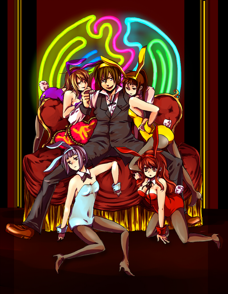 hashimochi, asahina mikuru, koizumi itsuki, koizumi itsuki (female), kyonko, nagato yuki, suzumiya haruhi, suzumiya haruhiko, suzumiya haruhi no yuuutsu, 00s, 1boy, 4girls, animal ears, bad anatomy, fake animal ears, genderswap, genderswap (ftm), genderswap (mtf), harem, legs, leotard, multiple girls, neon lights, pantyhose, pimp, playboy bunny, ponytail, poorly drawn, rabbit ears