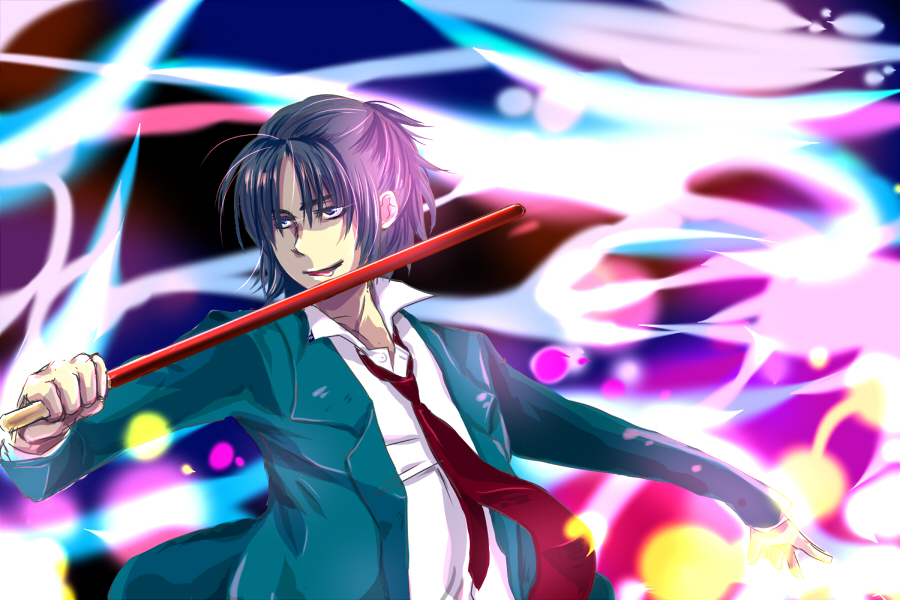 hashimochi, asakura ryo, suzumiya haruhi no yuuutsu, bad id, bad pixiv id, 00s, 1boy, :d, blazer, collared shirt, genderswap, genderswap (ftm), jacket, long sleeves, looking at viewer, male focus, necktie, open mouth, outstretched arm, purple hair, red necktie, shirt, smile, solo, upper body, white shirt