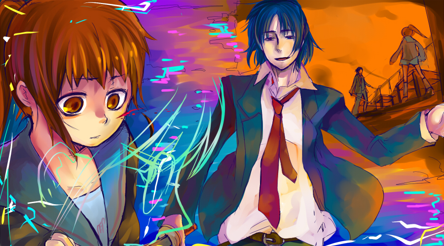 hashimochi, asakura ryo, kyonko, suzumiya haruhi no yuuutsu, bad id, bad pixiv id, 00s, 1boy, 1girl, blazer, brown eyes, brown hair, collared shirt, electricity, genderswap, genderswap (ftm), genderswap (mtf), jacket, long sleeves, magic, necktie, ponytail, red necktie, shirt, upper body, white shirt
