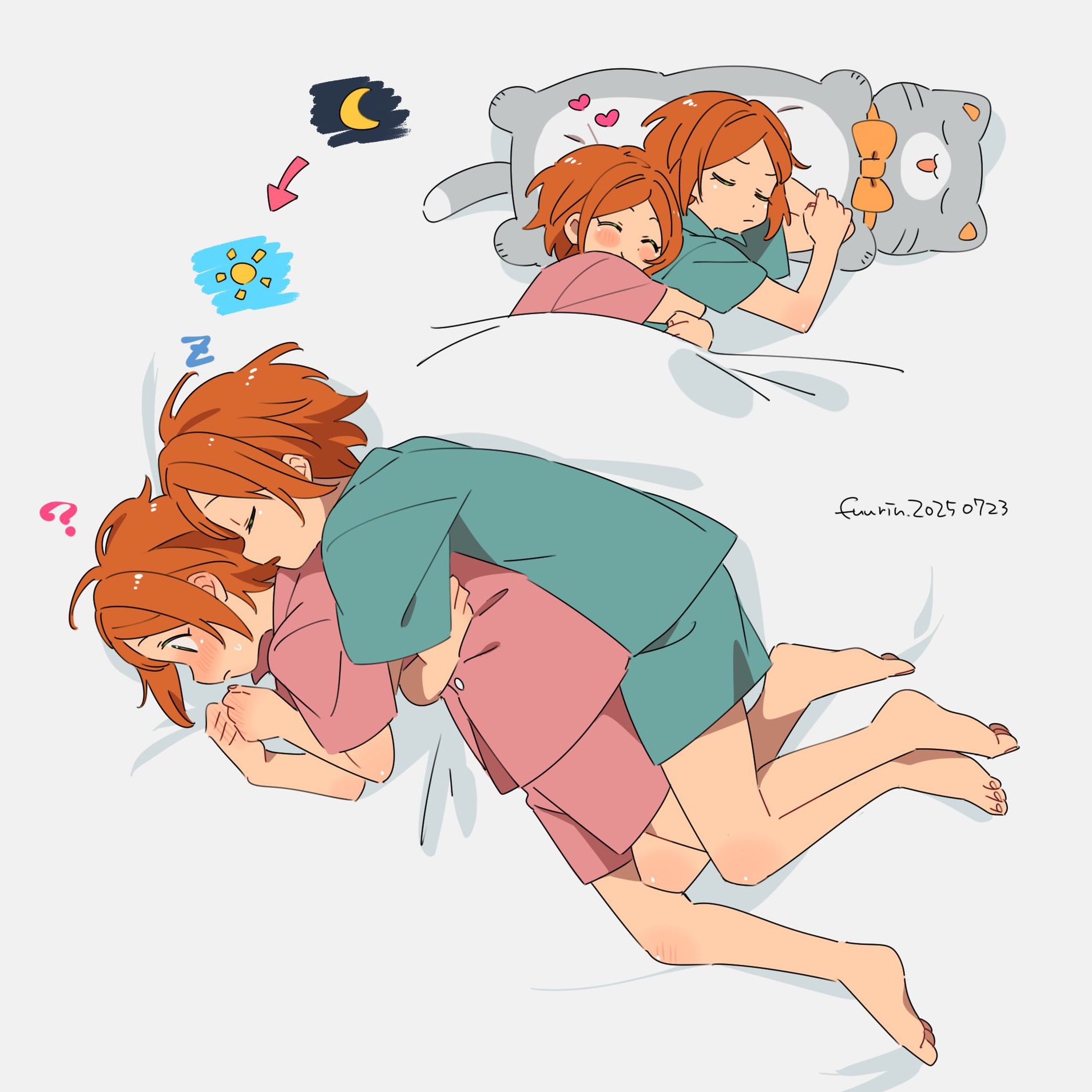 fuurin (sior fr), aoi hinata, aoi yuta, ensemble stars!, highres, 2boys, 2wink (ensemble stars!), ?, aqua shirt, aqua shorts, artist name, barefoot, blush, brothers, crescent moon, dated, green eyes, male focus, moon, multiple boys, multiple views, orange hair, pajamas, parted bangs, pink shirt, pink shorts, shirt, short hair, short sleeves, shorts, siblings, sleeping, spooning, stuffed animal, stuffed cat, stuffed toy, sun, twins, zzz