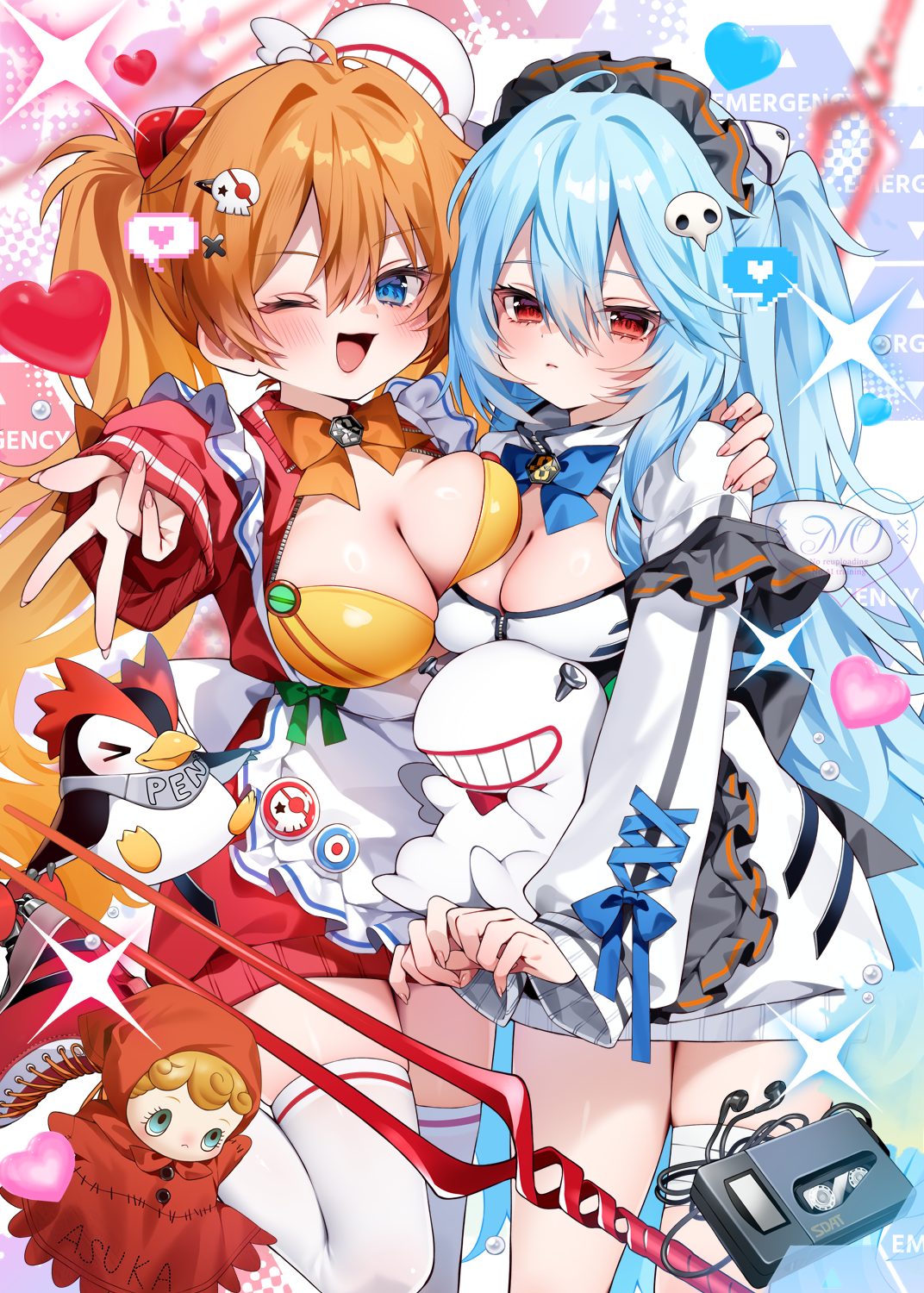 chihiro (khorosho), ayanami rei, souryuu asuka langley, neon genesis evangelion, highres, 2girls, ;d, bandages, blue hair, blush, breasts, dialogue box, hand on another's shoulder, large breasts, looking at viewer, multiple girls, one eye closed, open mouth, orange hair, red eyes, shirt, smile, thighhighs, white shirt, white thighhighs, yuri