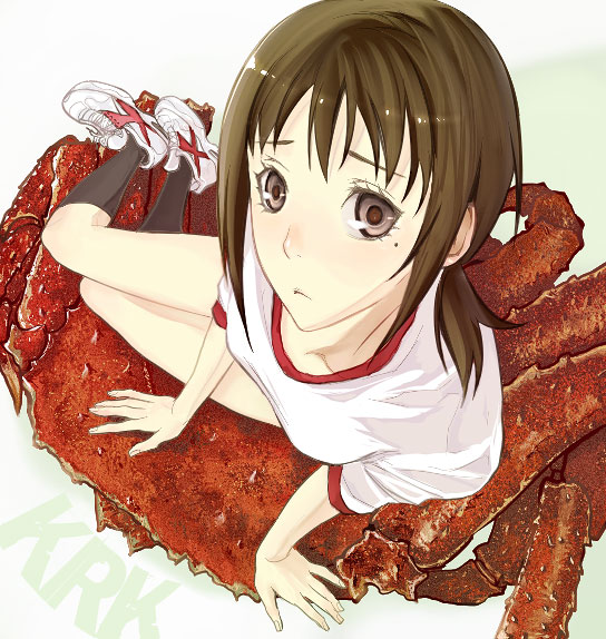 furayu (flayu), numeri (pixiv), kaga ai, sayonara zetsubou sensei, non-web source, 00s, 1girl, arm support, black socks, breasts, brown eyes, brown hair, collarbone, crab, female focus, foreshortening, frown, gradient background, gym uniform, kneehighs, legs together, long hair, looking at viewer, looking up, low ponytail, mole, mole under eye, ponytail, shirt, shoes, short sleeves, sitting, small breasts, sneakers, socks, solo, thighs, white shirt, white shoes, yokozuwari