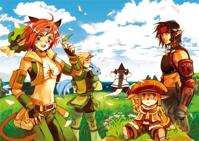 macchatei koeda, bard (final fantasy), elvaan, mithra (ff11), summoner (final fantasy), thief (final fantasy), warrior (final fantasy), final fantasy, final fantasy xi, 00s, 2boys, 2girls, androgynous, bard, elf, feathers, galka, hume, multiple boys, multiple girls, pointy ears, summoner, tarutaru, warrior