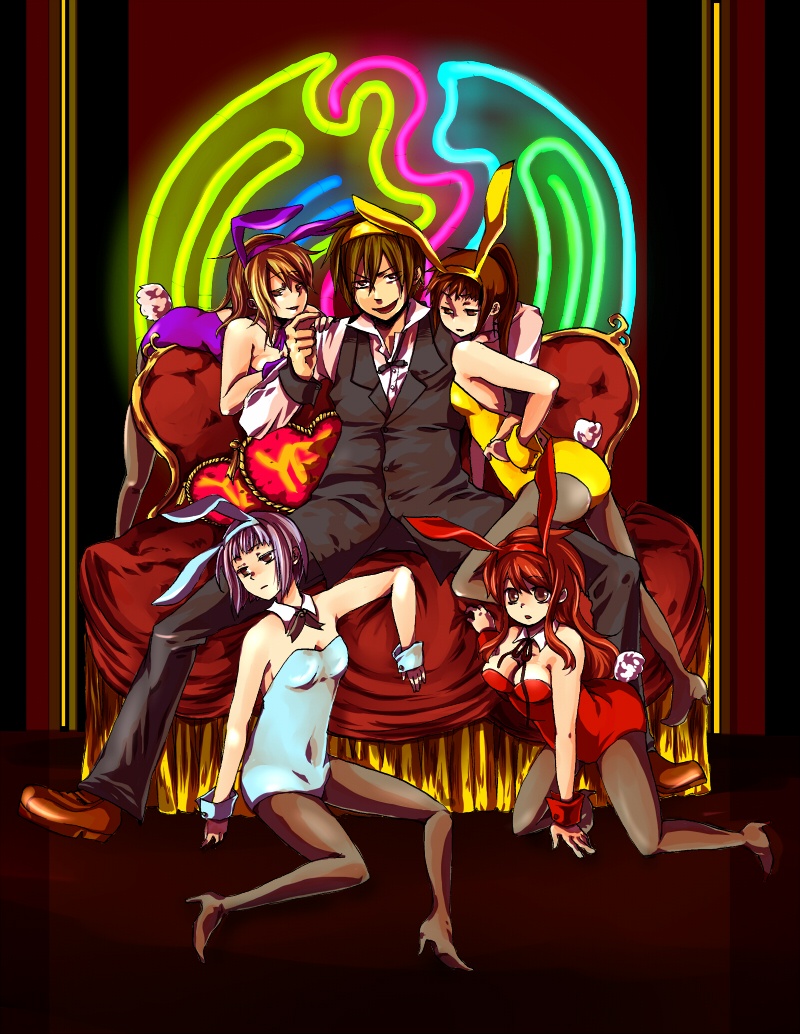 asahina mikuru, koizumi itsuki, koizumi itsuki (female), kyonko, nagato yuki, suzumiya haruhi, suzumiya haruhiko, suzumiya haruhi no yuuutsu, non-web source, 00s, 1boy, 4girls, animal ears, breasts, crossover, fake animal ears, genderswap, genderswap (ftm), genderswap (mtf), harem, multiple girls, pantyhose, playboy bunny, rabbit ears