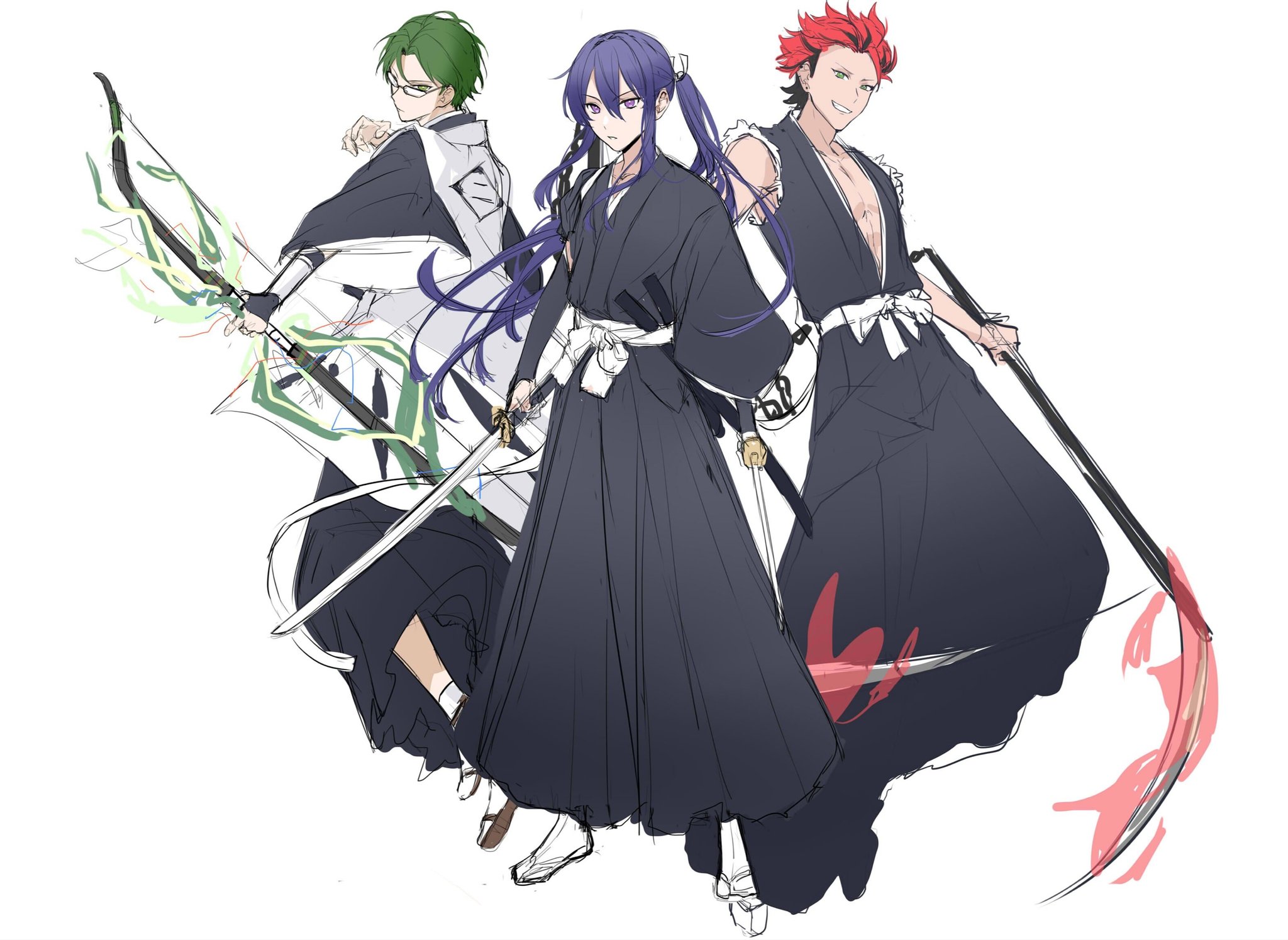 nancy980216, akatsuki (ensemble stars!), hasumi keito, kanzaki souma, kiryu kuro, ensemble stars!, highres, 3boys, abs, black-framed eyewear, black hair, black hakama, black kimono, bow (weapon), closed mouth, club (weapon), curled horns, curtained hair, double-parted bangs, dual wielding, earrings, floating hair, from behind, full body, glasses, gloves, green eyes, green hair, grin, hair between eyes, hair intakes, hakama, haori, holding, holding bow (weapon), holding sword, holding weapon, horns, japanese clothes, jewelry, katana, kimono, long hair, looking at viewer, magic, male focus, motoyui, multicolored hair, multiple boys, multiple earrings, obi, parted hair, partially fingerless gloves, partly fingerless gloves, pectoral cleavage, pectorals, purple eyes, purple hair, rectangular eyewear, red hair, sandals, sash, short hair, sidelocks, simple background, sleeveless, sleeveless haori, sleeveless kimono, smile, spiked hair, standing, streaked hair, sword, tabi, torn clothes, torn sleeves, v-shaped eyebrows, very long hair, weapon, white background, white haori, white sash, yugake, zouri