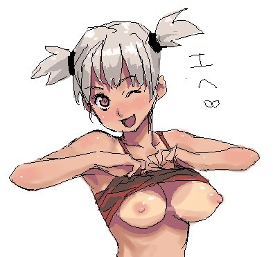 poporon, lowres, 1girl, ;d, bikini tan, breasts, camisole, camisole lift, clothes lift, dark-skinned female, dark skin, female focus, grey hair, head tilt, jaggy lines, large breasts, looking at viewer, nipples, no bra, one eye closed, open mouth, shirt lift, simple background, smile, solo, tan, tanline, twintails, two side up, upper body, white background, wink