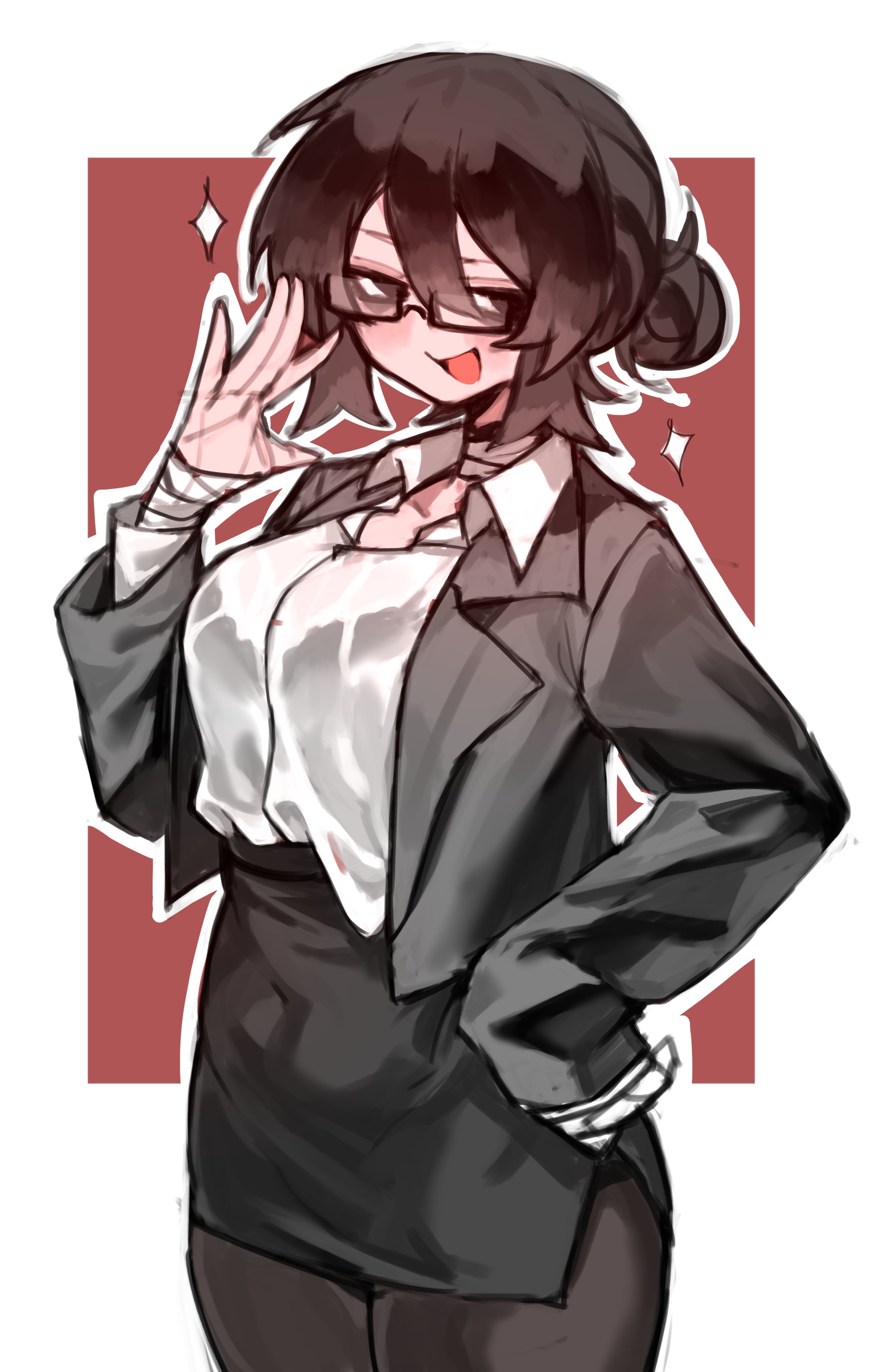 shigezie, original, absurdres, highres, 1girl, :d, adjusting eyewear, bandaged hand, bandaged neck, bandages, black-framed eyewear, black bra, black jacket, black pantyhose, bra, bra visible through clothes, breasts, brown eyes, brown hair, collared shirt, covered navel, cowboy shot, formal clothes, glasses, hair bun, jacket, large breasts, office lady, open mouth, pantyhose, semi-rimless eyewear, shig (shigezie), shirt, smile, solo, sparkle, thighs, underwear, white shirt