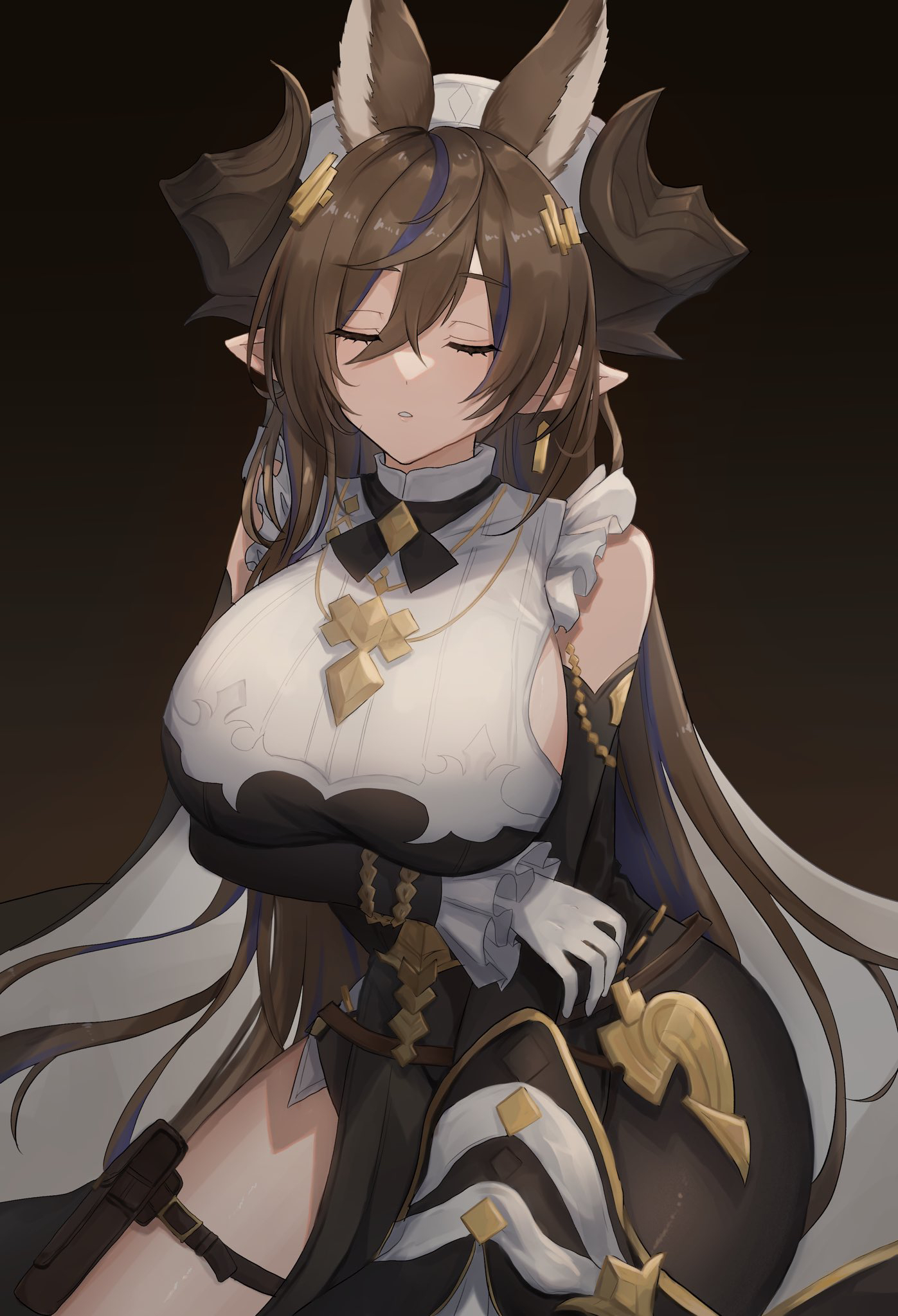 himo (user rzgz5877), galleon (granblue fantasy), granblue fantasy, highres, 1girl, animal ear fluff, arm under breasts, bare shoulders, black pantyhose, breasts, brown hair, closed eyes, closed mouth, detached sleeves, gloves, hair between eyes, horns, huge breasts, long hair, looking at viewer, pantyhose, pointy ears, sidelocks, single leg pantyhose, solo, veil, white gloves, white veil