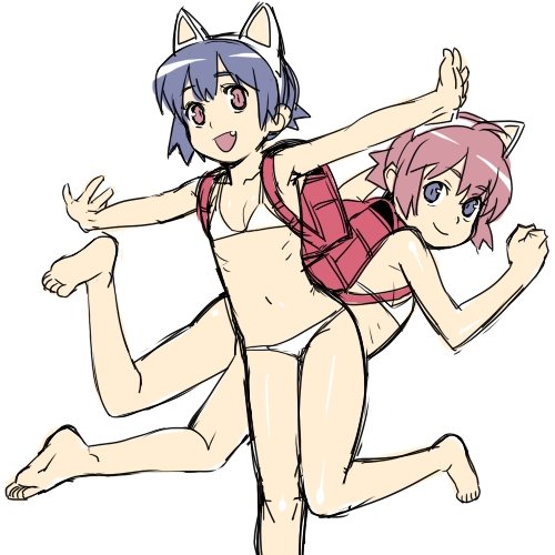 poporon, lowres, animal ears, backpack, bag, barefoot, bikini, fang, feet, loli, randoseru, simple background, sketch, swimsuit