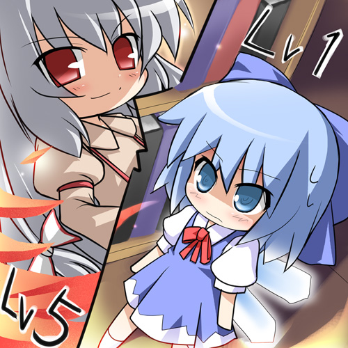 katami shinta, cirno, fujiwara no mokou, touhou, lowres, 2girls, chibi, female focus, multiple girls