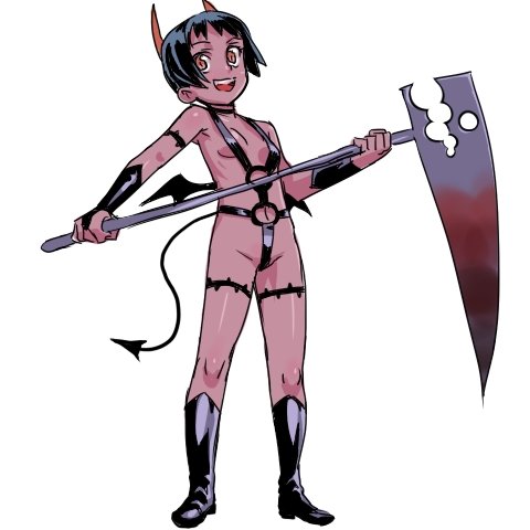 poporon, lowres, dark skin, horns, loli, scythe, tail, wings