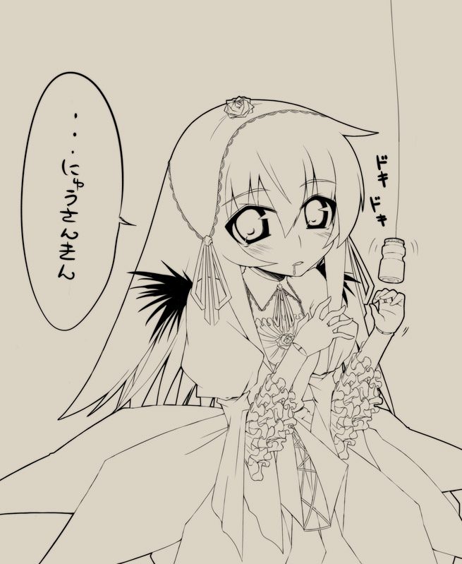 crazy developers, suigintou, rozen maiden, yakult, 00s, fishing, monochrome, saliva, solo
