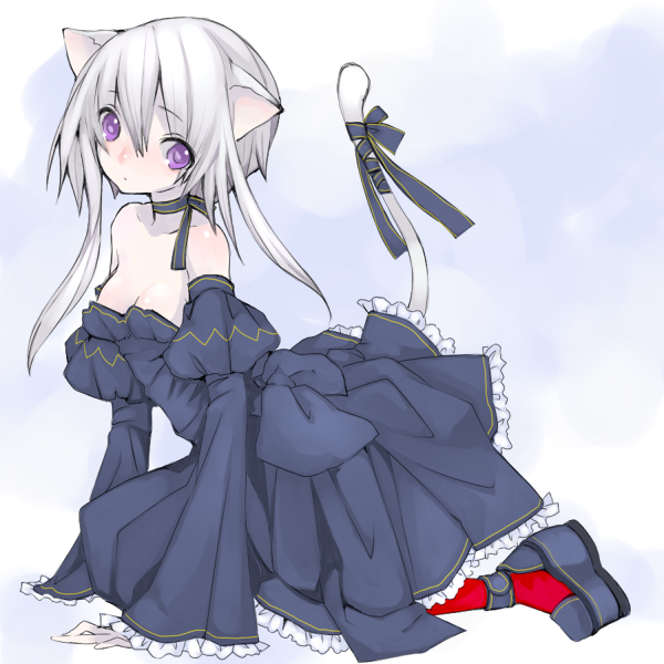 saibashi, original, animal ears, bare shoulders, cat ears, cat tail, dress, solo, tail