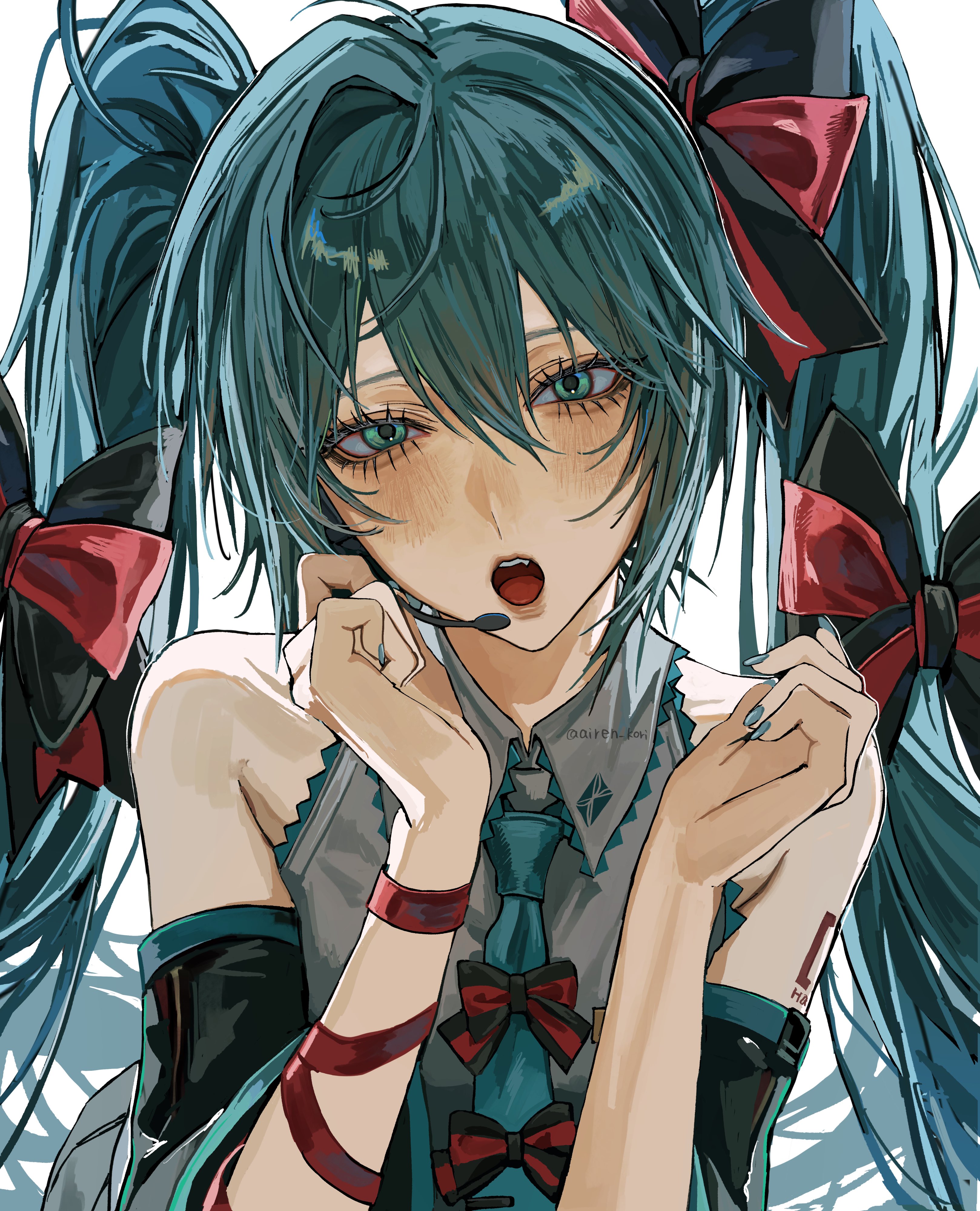 airen kori, hatsune miku, vocaloid, absurdres, highres, 1girl, bare shoulders, black sleeves, blue eyes, blue hair, blue nails, blue necktie, blush, bow, detached sleeves, grey shirt, hair between eyes, hair bow, long hair, looking at viewer, microphone, necktie, open mouth, red bow, shirt, sidelocks, solo, teeth, twintails, upper body, upper teeth only