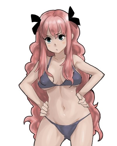 poporon, original, lowres, 1girl, bikini, female focus, green eyes, long hair, red hair, simple background, solo, swimsuit