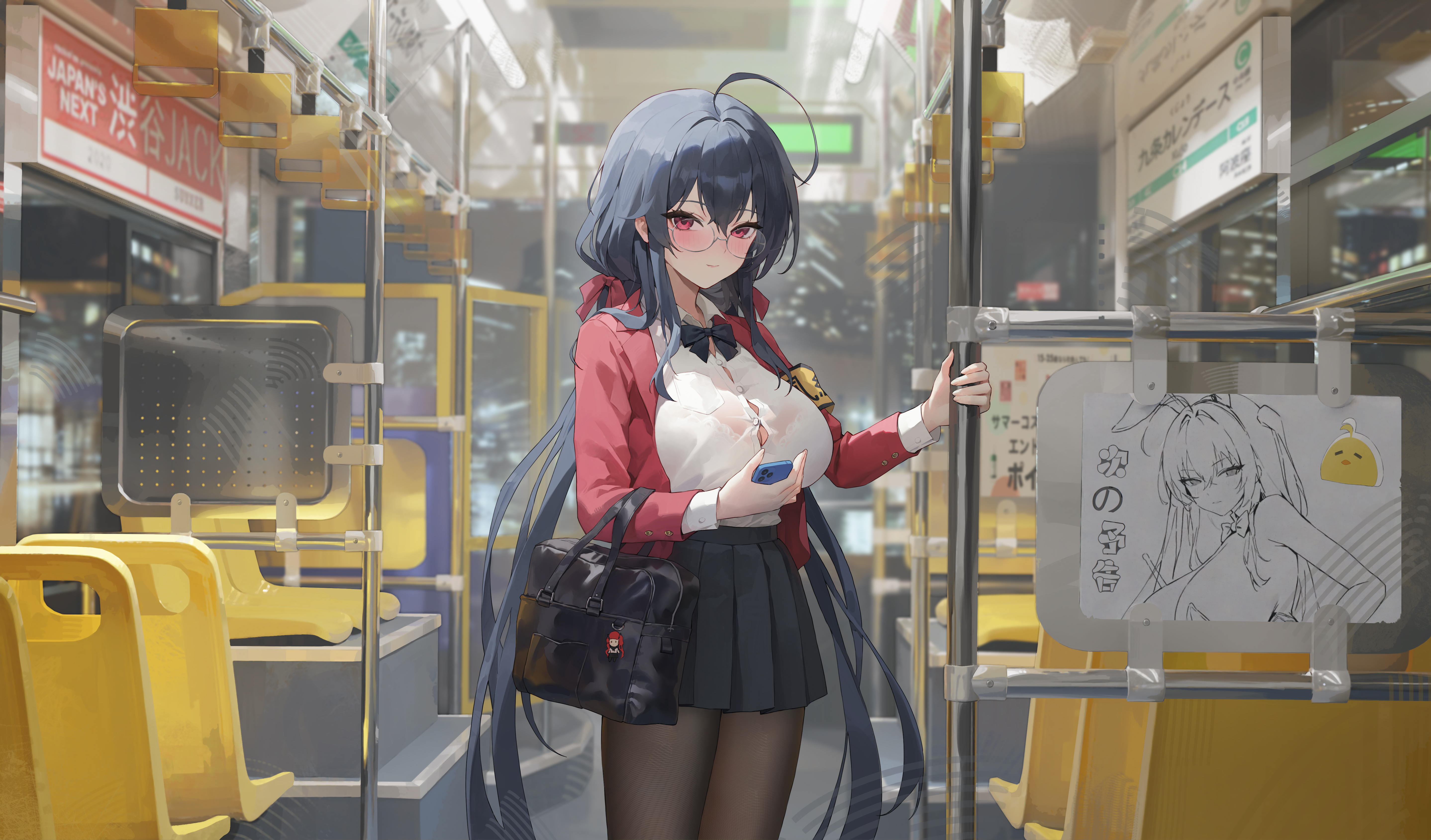 huomianbao39445, honolulu (azur lane), manjuu (azur lane), taihou (azur lane), taihou (fun on the baize) (azur lane), taihou (sweet time after school) (azur lane), azur lane, absurdres, commentary request, highres, 1girl, bag, black hair, black pantyhose, black skirt, breasts, bus interior, cellphone, character doll, collared shirt, doll, glasses, hair between eyes, holding, holding bag, holding phone, large breasts, long hair, looking at viewer, official alternate costume, pantyhose, phone, pleated skirt, red eyes, school uniform, shirt, skirt, smartphone, solo, standing, very long hair, white shirt