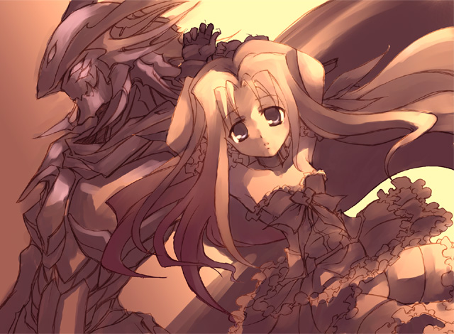 garyu, kouno hikaru, lutecia, lutecia alpine, lyrical nanoha, mahou shoujo lyrical nanoha, mahou shoujo lyrical nanoha strikers, 00s, 1boy, 1girl, armor, black dress, blonde hair, breasts, brown eyes, cleavage, collarbone, dress, elbow gloves, gloves, helmet, looking at viewer, machinery