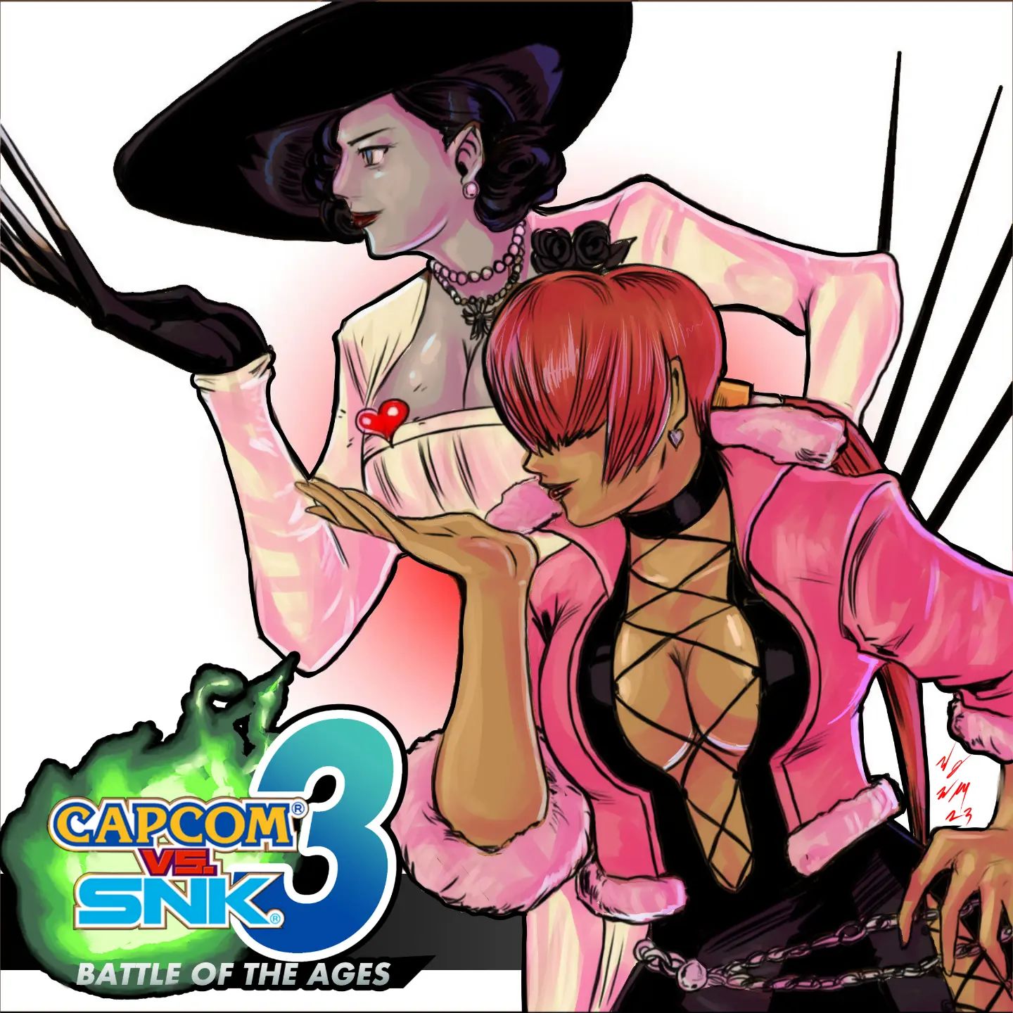 alcina dimitrescu, shermie (kof), capcom vs. snk, resident evil, the king of fighters, 2girls, breasts, cleavage, cleavage cutout, clothing cutout, dress, earrings, female focus, fishnets, flower, fluffy, giant, hand on own hip, hand up, hat, heart, huge breasts, jacket, jewelry, large breasts, long hair, long sleeves, multiple girls, no bra, ponytail, red hair, smile, smiley face, tall female, taller female, taurence bell, thick thighs, thighs, wide hips