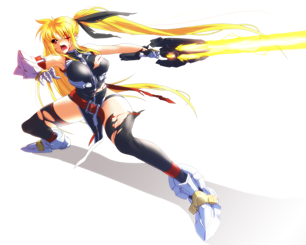 nekomamire, bardiche (nanoha), bardiche (zanber form) (nanoha), fate testarossa, fate testarossa (true sonic form), lyrical nanoha, mahou shoujo lyrical nanoha, mahou shoujo lyrical nanoha strikers, 00s, 1girl, blonde hair, blood, breasts, energy sword, female focus, large breasts, solo, sword, thighhighs, thighs, torn clothes, weapon